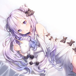 Rule 34 | 1girl, ahoge, artist name, azur lane, bare shoulders, black bow, black ribbon, blush, bow, commentary, detached sleeves, dress, hair bun, hair ornament, hair ribbon, halterneck, long hair, long sleeves, looking at viewer, lying, hugging object, on side, parted lips, purple eyes, purple hair, ribbon, roang, side bun, signature, single hair bun, single side bun, solo, stuffed pegasus, stuffed winged unicorn, unicorn (azur lane), very long hair, white dress