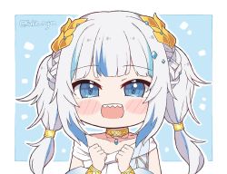 Rule 34 | 1girl, blue eyes, blue hair, gawr gura, hololive, hololive english, kukie-nyan, looking at viewer, multicolored hair, open mouth, sharp teeth, silver hair, solo, streaked hair, teeth, virtual youtuber