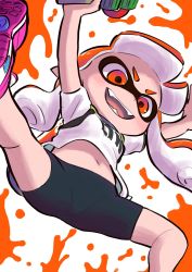 Rule 34 | 1girl, bike shorts, black shorts, blunt bangs, commentary, fangs, female focus, from below, grin, highres, inkling, inkling girl, inkling player character, long hair, looking at viewer, mask, midriff, navel, nintendo, orange eyes, orange hair, outstretched arms, paint splatter, pointy ears, shiromanta, shoes, short hair, shorts, smile, sneakers, solo, splatoon (series), splatoon 1, spread arms, spread legs, squid, tentacle hair