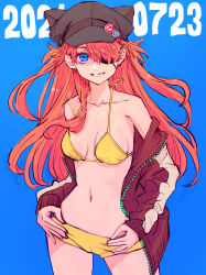 Rule 34 | 1girl, bikini, bikini top only, blue background, blue eyes, boyaking, breasts, brown hair, dated, evangelion: 3.0 you can (not) redo, eyepatch, grin, hair ornament, hands on own hips, highres, jacket, jacket on shoulders, long hair, looking at viewer, navel, neon genesis evangelion, rebuild of evangelion, shiny skin, short shorts, shorts, skin tight, smile, solo, souryuu asuka langley, swimsuit, two side up, very long hair, wide hips