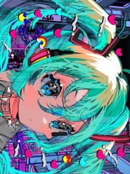 Rule 34 | absurdres, aqua hair, blonde hair, blue eyes, blue heart, building, choker, city, close-up, closed mouth, collared shirt, grey shirt, hair ornament, hatsune miku, headset, heart, highres, long hair, looking away, mixed-language text, momae makku, multicolored hair, night, night sky, pink heart, rainbow, shirt, sky, spiked choker, spikes, translation request, twintails, two-tone hair, vocaloid