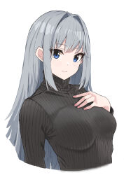 Rule 34 | 1girl, absurdres, aotsuba, black sweater, blue eyes, breasts, closed eyes, commentary, ethel (xenoblade), grey hair, hair intakes, hand on own chest, highres, long hair, long sleeves, medium breasts, pink nails, ribbed sweater, sidelocks, simple background, smile, solo, sweater, turtleneck, turtleneck sweater, upper body, white background, xenoblade chronicles (series), xenoblade chronicles 3