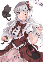 Rule 34 | 1girl, ;d, absurdres, aqua eyes, arm at side, bib, blunt bangs, blush, bow, brown skirt, brown vest, cat, commission, cowboy shot, grey hair, grin, hair bow, highres, indie virtual youtuber, layered skirt, lolita fashion, looking at viewer, misoni (mi so ni t), mole, mole under eye, musical note, one eye closed, open mouth, otohana rubia, puffy short sleeves, puffy sleeves, shirt, short sleeves, simple background, skeb commission, skirt, smile, solo, vest, virtual youtuber, w arms, white background, white shirt, wrist cuffs