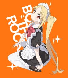 Rule 34 | 1girl, ahoge, apron, black dress, blonde hair, blush, bocchi the rock!, bow, copyright name, dress, frills, highres, ijichi nijika, long hair, looking at viewer, machi (wm), maid, maid apron, maid headdress, official alternate costume, open mouth, orange background, pantyhose, puffy short sleeves, puffy sleeves, red eyes, shoes, short sleeves, side ponytail, sidelocks, simple background, sitting, solo, sparkle, very long hair, wrist cuffs