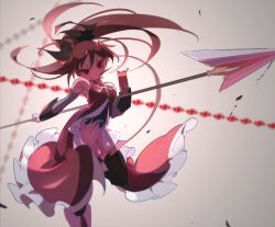 Rule 34 | 1girl, bad id, bad pixiv id, bare shoulders, breasts, commentary, detached sleeves, dress, floating hair, food, food in mouth, holding, holding food, holding polearm, holding spear, holding weapon, long hair, looking at viewer, magical girl, mahou shoujo madoka magica, mahou shoujo madoka magica (anime), pocky, polearm, ponytail, red dress, red eyes, red hair, sakura kyoko, she li (lynxm), small breasts, solo, spear, symbol-only commentary, very long hair, weapon
