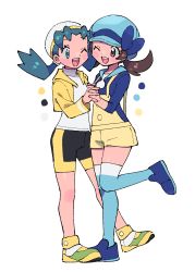 Rule 34 | 2girls, :d, alternate color, aqua eyes, aqua hair, bare legs, bike shorts, black shorts, blue footwear, blue headwear, blue shirt, blue thighhighs, bow, brown eyes, brown hair, cabbie hat, creatures (company), cropped jacket, eyelashes, game freak, happy, hat, hat bow, highres, holding hands, jacket, kris (pokemon), leg up, looking at another, lyra (pokemon), multiple girls, nintendo, one eye closed, open mouth, overalls, pokemon, pokemon gsc, pokemon hgss, pumpkinpan, shirt, shorts, smile, thighhighs, twintails, undershirt, white background, white headwear, white shirt, yellow footwear, yellow jacket, yellow overalls, yuri