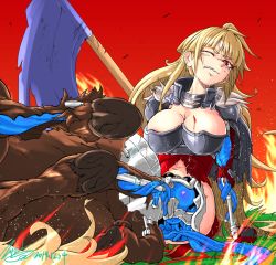 Rule 34 | 1girl, ahoge, android, areola slip, arm support, armor, blonde hair, blood, blue flag, blunt bangs, boobplate, breastplate, breasts, capelet, centaur, centaur knight, chainmail, cleavage cutout, clothing cutout, collar, commentary, damaged, dated, electricity, fire, gradient background, grass, hooves, horse tail, knight, light particles, long hair, mechanical parts, metal collar, mixed-language commentary, monster girl, multiple legs, navel, one eye closed, original, red background, red eyes, scar, signature, sweatdrop, tail, taur, torn capelet, torn clothes, torn flag, zippedsquire