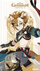 Rule 34 | 1boy, animal ears, blue eyes, bow (weapon), brown hair, commentary, english commentary, fox boy, fox ears, genshin impact, gloves, gorou (genshin impact), grin, hair between eyes, highres, holding, holding bow (weapon), holding weapon, japanese clothes, male focus, multicolored hair, official art, smile, solo, streaked hair, tassel, weapon, white hair