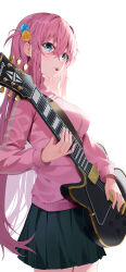 Rule 34 | 1girl, absurdres, black skirt, blue eyes, blush, bocchi the rock!, breasts, commentary, cowboy shot, cube hair ornament, electric guitar, facing viewer, gibson les paul, gotoh hitori, guitar, hair between eyes, hair ornament, highres, holding, holding instrument, instrument, jacket, k.j., large breasts, long bangs, long hair, long sleeves, looking ahead, mouth hold, music, one side up, pink hair, pink jacket, playing instrument, pleated skirt, simple background, skirt, solo, standing, track jacket, very long hair, white background