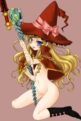 Rule 34 | 1girl, atlus, blonde hair, blue eyes, blush, boots, bottomless, bow, doctor magus, etrian odyssey, hat, long hair, mizuna (water emp-tei), pink bow, ribbon, solo, witch hat