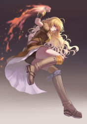Rule 34 | 1girl, ahoge, bike shorts, blonde hair, bojue yu yaojing 695657, boots, breasts, clenched hand, fingerless gloves, fire, gloves, gradient background, long hair, medium breasts, puffy sleeves, purple eyes, rwby, solo, wavy hair, weapon, yang xiao long