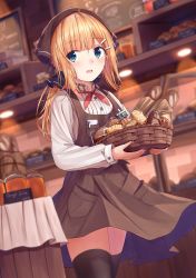Rule 34 | 1girl, absurdres, ahoge, apron, bakery, basket, black ribbon, black thighhighs, blonde hair, blue eyes, blue skirt, blurry, blurry background, blurry foreground, blush, bread, brown apron, commentary request, copyright request, depth of field, enuni, food, hair ornament, hair ribbon, hairclip, head scarf, highres, holding, holding basket, indoors, juice, long hair, long sleeves, looking at viewer, low ponytail, name tag, open mouth, orange juice, pen, red neckwear, revision, ribbon, round teeth, shirt, shop, skirt, solo, teeth, thighhighs, uniform, upper teeth only, white shirt, zettai ryouiki