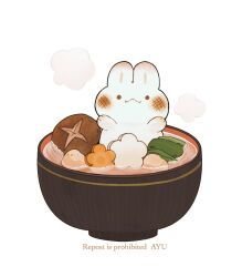 Rule 34 | artist name, ayu (mog), bowl, carrot, closed mouth, commentary, food, full body, looking at viewer, mushroom, no humans, original, rabbit, shiitake, simple background, solid circle eyes, spinach, steam, vegetable, watermark, white background, zouni soup