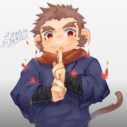 Rule 34 | 1boy, :3, brown fur, brown hair, commentary, commentary request, fantasy, fire, highres, kemonomimi mode, looking at viewer, male focus, monkey boy, monkey tail, ninja, original, red eyes, scarf, signature, simple background, solo, tail, translation request, upper body, virtual youtuber, white background, yakibuta0141gay