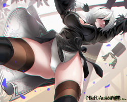 Rule 34 | 1girl, absurdres, arms up, artist request, black blindfold, black dress, black footwear, black hairband, blindfold, boots, breasts, brown thighhighs, cameltoe, chromatic aberration, cleavage, cleavage cutout, clothing cutout, copyright name, covered eyes, covered navel, dress, dutch angle, feather-trimmed sleeves, gluteal fold, hairband, highleg, highleg leotard, highres, juliet sleeves, large breasts, leotard, leotard under clothes, light smile, long sleeves, mole, mole under mouth, nier (series), nier:automata, plant, pod (nier:automata), puffy sleeves, short hair, silver hair, skindentation, sword, sword behind back, thigh boots, thighhighs, thighhighs under boots, thighs, two-sided fabric, two-sided skirt, vambraces, weapon, white leotard, 2b (nier:automata)