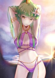 Rule 34 | 1girl, absurdres, alternate costume, armpits, arms behind head, arms up, bikini, bloom, blurry, blurry background, breasts, breasts apart, budgiepon, c.c., code geass, commentary, cowboy shot, curvy, flower, gluteal fold, green hair, groin, hair between eyes, hair flower, hair ornament, hair over breasts, head tilt, highres, large breasts, light particles, long hair, looking at viewer, midriff, navel, parted lips, ponytail, purple bikini, sidelocks, smile, solo, standing, stomach, straight hair, sunset, swimsuit, v-shaped eyebrows, wet, wet hair, white flower, yellow eyes