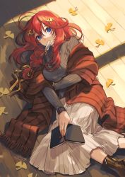 Rule 34 | 1girl, absurdres, ahoge, ankle boots, autumn, autumn leaves, blue eyes, book, boots, breasts, commentary request, go-toubun no hanayome, hair between eyes, hair ornament, highres, holding, holding book, large breasts, leaf, leaf on head, long hair, long sleeves, looking at viewer, lying, nakano itsuki, nys, open book, parted lips, red hair, red sweater, ribbed sweater, solo, sweater, zipper footwear