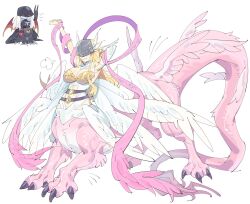 Rule 34 | 2girls, alternate design, angel, angel wings, angewomon, armor, blonde hair, body fur, bodysuit, breastplate, breasts, centauroid, chibi, chibi inset, cleavage, clothing cutout, covered eyes, deathmon (black), digimon, digimon (creature), feathered wings, full body, gloves, head wings, helmet, helmet over eyes, highres, holydramon, ladydevimon, large breasts, long hair, multiple girls, multiple wings, o-ring, pink fur, pink ribbon, pink tail, ribbon, simple background, single glove, stomach cutout, stretching, taur, white background, white bodysuit, white gloves, white wings, wings, zocehuy