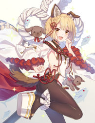 Rule 34 | 1girl, :d, animal ears, backless outfit, bad id, bad pixiv id, bare shoulders, blonde hair, blush, braid, breasts, brown pantyhose, commentary request, detached sleeves, dog, dog ears, dog girl, dog tail, erune, fish, granblue fantasy, hair ornament, japanese clothes, jiman, looking at viewer, open mouth, pantyhose, puppy, rope, shimenawa, short hair, small breasts, smile, solo, tail, vajra (granblue fantasy), wide sleeves