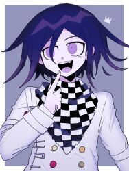 Rule 34 | 1boy, :d, a (poipiku 325815), blue background, border, buttons, checkered clothes, checkered scarf, commentary request, crown, danganronpa (series), danganronpa v3: killing harmony, finger to mouth, hand up, jacket, long sleeves, looking to the side, male focus, oma kokichi, open mouth, purple eyes, purple hair, scarf, short hair, smile, solo, straitjacket, upper body, white border, white jacket