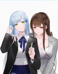 Rule 34 | 2girls, bad id, bad pixiv id, black jacket, blue hair, blue ribbon, blue skirt, breasts, brown hair, chilli 646, closed mouth, commentary request, dsr-50 (girls&#039; frontline), earrings, formal, girls&#039; frontline, green eyes, grey blazer, grey suit, hand in own hair, hand on shoulder, hk416 (girls&#039; frontline), holding, holding pencil, jacket, jewelry, long hair, looking at viewer, medium breasts, multiple girls, nail polish, neck ribbon, necklace, open clothes, open jacket, pencil, red eyes, red nails, ribbon, school uniform, shirt, skirt, smile, suit, v, white background, white shirt