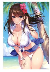 Rule 34 | 1girl, absurdres, beach, blue skirt, blue sky, blush, bracelet, breasts, brown eyes, brown hair, cleavage, closed mouth, clothes lift, cloud, cloudy sky, collarbone, day, flower, hair flower, hair ornament, hand on own thigh, highres, horizon, jewelry, large breasts, leaning forward, long hair, looking at viewer, mataro (matarou), miniskirt, navel, no bra, ocean, open clothes, original, outdoors, palm tree, panties, pantyshot, pleated skirt, shirt, skirt, skirt lift, sky, smile, solo, standing, tied shirt, tree, unbuttoned, unbuttoned shirt, underwear, water, white panties, wind, wind lift