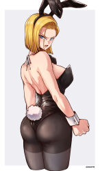 Rule 34 | 1girl, alternate costume, android 18, animal ear hairband, animal ears, aosora2823, artist name, ass, black leotard, black pantyhose, blonde hair, blunt ends, clenched hand, cropped legs, dragon ball, dragonball z, fake animal ears, fake tail, forehead, hairband, highres, leotard, looking at viewer, looking back, median furrow, pantyhose, playboy bunny, rabbit ear hairband, rabbit ears, rabbit tail, short hair, simple background, solo, strapless, strapless leotard, tail, two-tone background