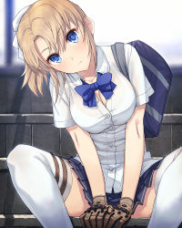 Rule 34 | 1girl, bag, between legs, blonde girl (itou), blonde hair, blue eyes, bow, bra, bra visible through clothes, breasts, brown gloves, buttons, cleavage, closed mouth, collarbone, cowboy shot, gloves, hair ribbon, hand between legs, head tilt, itou (onsoku tassha), large breasts, looking at viewer, original, outdoors, parted bangs, partially unbuttoned, pleated skirt, ponytail, ribbon, school bag, school uniform, see-through, shirt, short sleeves, shoulder bag, sitting, skirt, solo, thigh strap, thighhighs, underwear, v arms, white bra, white thighhighs, zettai ryouiki