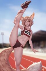 Rule 34 | 1girl, animal ear fluff, animal ears, armpits, artist name, bare arms, bare legs, bare shoulders, blonde hair, blue sky, blurry, blurry background, braid, buruma, collarbone, commentary, crop top, day, ear piercing, english commentary, flat chest, flexible, fox ears, fox girl, fox tail, hand on own leg, highres, khiara (personal ami), kneepits, legs, looking at viewer, medium hair, midriff, navel, original, outdoors, personal ami, piercing, red footwear, running track, shoes, sky, smirk, sneakers, solo, split, standing, standing on one leg, standing split, tail, tank top, track and field, track uniform, twin braids, yellow eyes