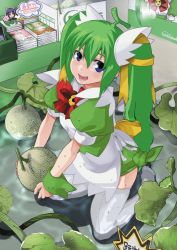 Rule 34 | 1girl, aasara, blue eyes, book, bow, cantaloupe, food, fruit, green hair, kneeling, long hair, melon, melon-chan, melonbooks, plant, ribbon, solo, thighhighs, tosarayama, twintails, vines, water, white thighhighs, wrist cuffs, yellow bow, zettai ryouiki
