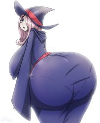 Rule 34 | 1girl, ass, bent over, black dress, curvy, dress, eyeshadow, female focus, from behind, hair over one eye, hat, hip focus, huge ass, little witch academia, long hair, long sleeves, looking at viewer, looking back, makeup, pale skin, pantylines, pink eyes, pink hair, simple background, solo, sucy manbavaran, thick thighs, thighs, white background, wide hips, witch hat