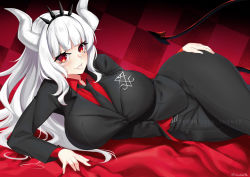 Rule 34 | 1girl, black tail, breasts, business suit, commentary request, demon girl, demon tail, formal, hairband, helltaker, highres, horns, large breasts, lucifer (helltaker), lulu-chan92, lying, mole, mole under eye, on side, red eyes, smile, solo, spiked hairband, spikes, suit, tail, white horns, wide hips