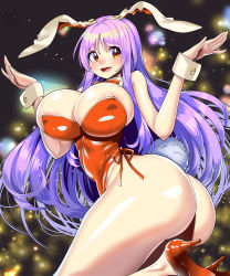 Rule 34 | 1girl, :d, animal ears, areola slip, ass, bare legs, blurry, blurry background, breasts, detached collar, high heels, highres, huge breasts, leg up, leotard, light particles, long hair, open mouth, playboy bunny, purple hair, rabbit ears, rabbit girl, rabbit tail, red eyes, red footwear, reisen udongein inaba, smile, solo, tail, touhou, umigarasu (kitsune1963), wrist cuffs