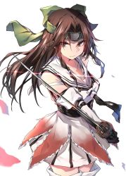 Rule 34 | 10s, 1girl, bare shoulders, brown eyes, brown hair, buttons, detached sleeves, forehead protector, gloves, hachimaki, hair intakes, half updo, headband, highres, holding, holding sword, holding weapon, jintsuu (kancolle), jintsuu kai ni (kancolle), kantai collection, long hair, pleated skirt, school uniform, serafuku, simple background, skirt, solo, soukou makura, sword, thighhighs, weapon, white background