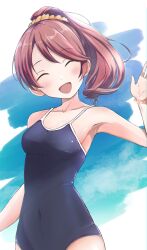 Rule 34 | 1girl, ^ ^, absurdres, armpits, bare shoulders, bead bracelet, beads, blue one-piece swimsuit, blush, bracelet, breasts, brown hair, cleavage, closed eyes, collarbone, covered navel, cowboy shot, dot nose, hair ornament, hair scrunchie, hand up, highres, idolmaster, idolmaster cinderella girls, idolmaster cinderella girls starlight stage, jewelry, long hair, one-piece swimsuit, open hand, open mouth, penguin potof, ponytail, school swimsuit, scrunchie, shiina noriko, small breasts, smile, solo, standing, swimsuit, two-tone background, wet, wet clothes, wet swimsuit, yellow scrunchie