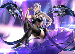 Rule 34 | 1girl, allyloren, asymmetrical bangs, bare shoulders, black thighhighs, breasts, claw (weapon), evelynn (league of legends), glass, hand on own hip, high heels, jewelry, k/da (league of legends), large breasts, league of legends, long hair, looking at viewer, makeup, paid reward available, revealing clothes, sitting, solo, the baddest evelynn, thighhighs, weapon, white hair