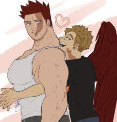 Rule 34 | 2boys, bare arms, beard, blonde hair, blue eyes, body markings, boku no hero academia, burn scar, casual, couple, earrings, endeavor (boku no hero academia), facial hair, facial scar, feathered wings, feathers, fingers together, goatee, hawks (boku no hero academia), head on another&#039;s shoulder, hug, hug from behind, jewelry, looking at another, mahoubin (totemo hot dayo), male focus, mature male, multiple boys, muscular, muscular male, mustache, nape, pants, pectoral cleavage, pectorals, red feathers, red hair, scar, scar across eye, scar on cheek, scar on face, scar on mouth, shirt, short hair, short sleeves, sideburns, sidepec, signature, simple background, size difference, sleeveless, sleeveless shirt, spiked hair, spoken object, stubble, stud earrings, sweatpants, t-shirt, talking, tank top, tight clothes, tight shirt, toned, toned male, very short hair, white tank top, wings, yaoi, yellow eyes