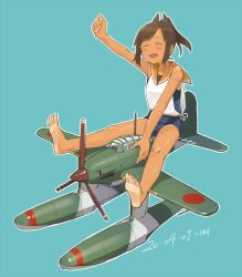 Rule 34 | 1girl, aichi m6a seiran, aircraft, airplane, barefoot, blue background, brown hair, dated, closed eyes, feet, full body, hair ornament, hairclip, i-401 (kancolle), kantai collection, kawashina (momen silicon), one-piece swimsuit, one-piece tan, orange sailor collar, parasite aircraft, ponytail, riding, sailor collar, school swimsuit, seaplane, shirt, short ponytail, side-tie shirt, signature, simple background, sleeveless, sleeveless shirt, smile, soles, solo, swimsuit, swimsuit under clothes, tan, tanline, toes, vehicle focus