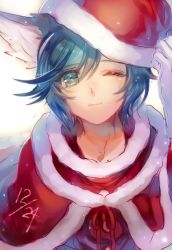 Rule 34 | 10s, 1boy, animal ears, dated, gradient background, green eyes, green hair, looking at viewer, male focus, matching hair/eyes, momoshiki tsubaki, one eye closed, riku (show by rock!!), santa costume, short hair, show by rock!!, smile, solo