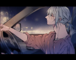 Rule 34 | 1boy, blue eyes, blurry, blurry background, blush, car interior, check copyright, copyright request, driving, eyes visible through hair, grey hair, letterboxed, light blue eyes, long neck, male focus, night, night sky, original, parted lips, ponytail, sitting, sky, sleeves rolled up, solo, tsunekawa niwasuke, upper body