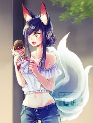 Rule 34 | 1girl, :d, ahri (league of legends), alternate costume, alternate hairstyle, animal ears, artist name, blue hair, casual, contemporary, crop top, facial mark, fang, food, fox ears, fox tail, groin, hair bun, ice cream, ice cream cone, league of legends, looking down, midriff, mizoreame, multiple tails, navel, off shoulder, open mouth, short sleeves, single hair bun, slit pupils, smile, solo, swept bangs, tail, whisker markings, yellow eyes