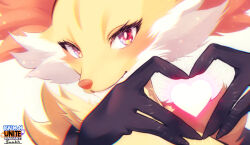 Rule 34 | black fur, blush, copyright name, creatures (company), delphox, english text, game freak, gen 6 pokemon, heart, heart hands, logo, looking at viewer, multicolored fur, nintendo, pokemon, pokemon (creature), pokemon unite, portrait, red eyes, red fur, simple background, solo, suahh, white fur, yellow fur