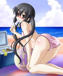 Rule 34 | 1girl, absurdres, all fours, ass, beach, bent over, bikini, black eyes, black hair, blush, cameltoe, cooler, final (artist), food, highres, k-on!, long hair, looking back, nakano azusa, narurun (final123), popsicle, solo, swimsuit, twintails
