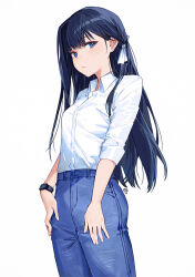 Rule 34 | 1girl, blue eyes, blue hair, blue pants, blush, breasts, closed mouth, collared shirt, commentary, dated, denim, dress shirt, hair ribbon, jeans, long hair, looking at viewer, nagu, pants, ribbon, shirt, shirt tucked in, signature, simple background, sleeves past elbows, small breasts, solo, tenshi wa tansan shika nomanai, watch, white background, white ribbon, white shirt, wristwatch, yuzuki minato