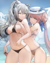 Rule 34 | 2girls, animal ears, arknights, bare arms, bare shoulders, bikini, bikini top lift, black bikini, black choker, boater hat, breasts, brown bikini, cat ears, ceylon (arknights), choker, cleavage, clothes lift, cowboy shot, gluteal fold, gnai, grabbing, grabbing from behind, grey hair, grin, hat, highres, holding, large breasts, long hair, looking at another, looking to the side, medium breasts, multiple girls, navel, outdoors, pink hair, ponytail, schwarz (arknights), smile, standing, stomach, string bikini, swimsuit, thighs, twintails, very long hair, white headwear, yellow eyes, yuri
