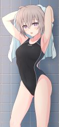 Rule 34 | 1girl, ahoge, black one-piece swimsuit, breasts, competition swimsuit, contrapposto, covered navel, girls&#039; frontline, gotoo, grey hair, highleg, highleg swimsuit, highres, looking at viewer, m200 (girls&#039; frontline), medium breasts, multicolored clothes, multicolored swimsuit, one-piece swimsuit, purple eyes, solo, swimsuit, tile wall, tiles, towel, towel on head