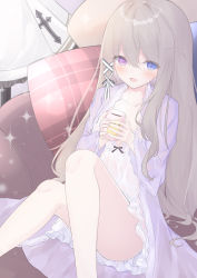 Rule 34 | 1girl, :d, absurdres, azur lane, blue eyes, blush, brown hair, collarbone, commentary request, cup, dress, feet out of frame, hair between eyes, hair ornament, heterochromia, highres, holding, holding cup, jacket, knees up, long hair, long sleeves, looking at viewer, mug, murmansk (azur lane), murmansk (sceneries of pure snow) (azur lane), official alternate costume, open clothes, open jacket, open mouth, pillow, plaid, plaid pillow, purple eyes, purple jacket, roido (taniko-t-1218), sitting, smile, solo, very long hair, white dress, wide sleeves, x hair ornament