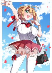 Rule 34 | 1girl, absurdres, ahoge, akitokage, bag, blonde hair, blue sky, blush, braid, breasts, collared shirt, fate/extra, fate (series), french braid, green eyes, hair bun, hair intakes, hair ribbon, highres, large breasts, long hair, looking at viewer, nero claudius (fate), nero claudius (fate) (all), nero claudius (fate/extra), one eye closed, open mouth, red ribbon, red skirt, ribbon, shirt, short sleeves, shoulder bag, skirt, sky, smile, solo, thighhighs, thighs, white shirt, white thighhighs