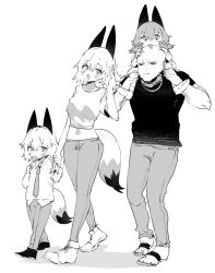 Rule 34 | 1boy, 3girls, :d, bald, breasts, candy, carrying, closed mouth, copyright request, crop top, ddari, drawstring, food, fox tail, greyscale, hair between eyes, half-closed eyes, highres, holding, holding candy, holding food, holding hands, holding lollipop, horns, licking, lollipop, midriff, monochrome, multiple girls, navel, necktie, open mouth, pants, sandals, shadow, shirt, shoes, short sleeves, shoulder carry, small breasts, smile, tail, walking, white background