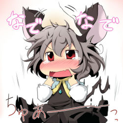 Rule 34 | 1girl, aki (akikaze asparagus), animal ears, blush, capelet, chibi, dress, female focus, grey dress, grey hair, hand on another&#039;s head, head pat, headpat, jewelry, mouse ears, mouse tail, nazrin, necklace, open mouth, pendant, red eyes, short hair, solo focus, tail, tears, touhou, translation request